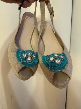 LORBAC Beige Slingback Peep-Toe Wedges with Teal Floral Embellishment